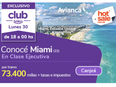 La HORA SMILES: AVIANCA a MIAMI en CLASE EJECUTIVA por 73.400 MILLAS (de 18 a 23:59)